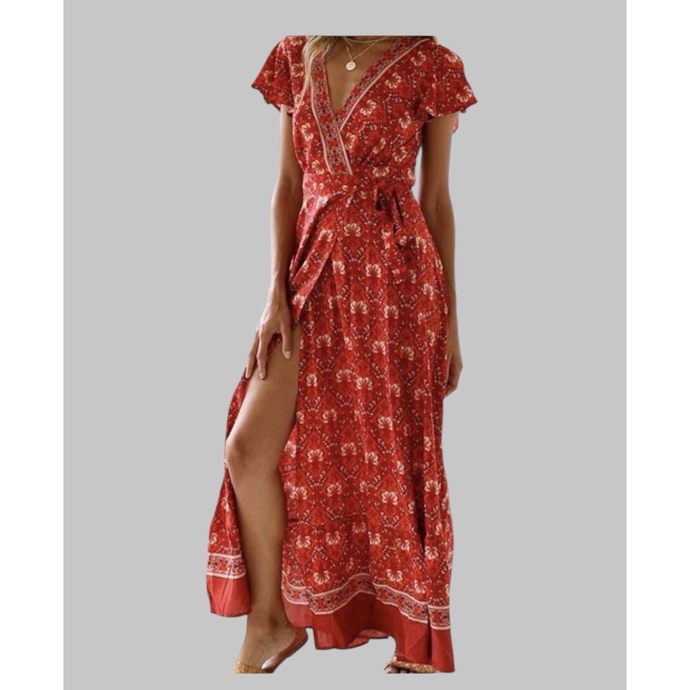 Pretty Garden Red Orange Floral Wrap Tie Maxi Dress Bohemian Beachy Flowy Size L